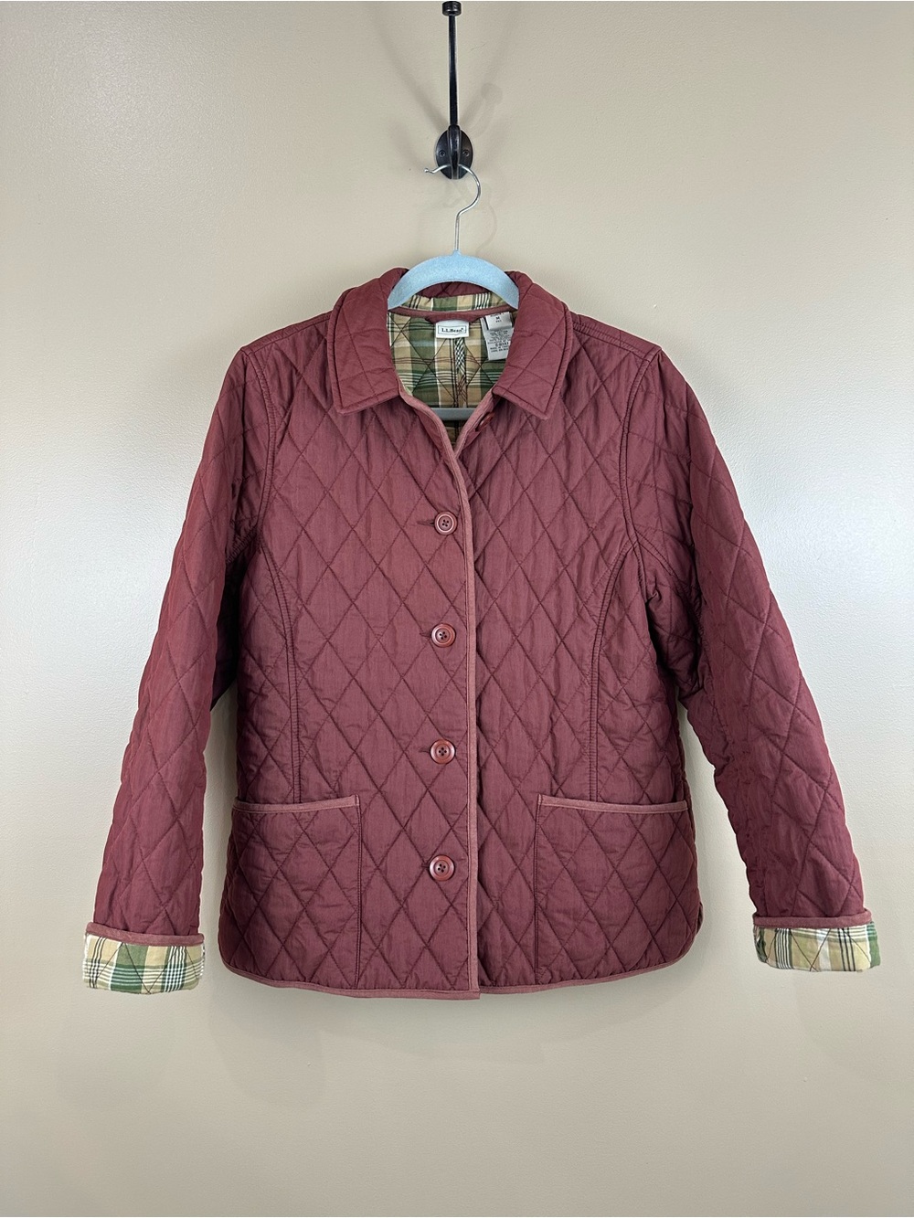 LL Bean Heritage Quilted Barn Jacket M Petite Dark Crimson Burgundy Plaid Lined